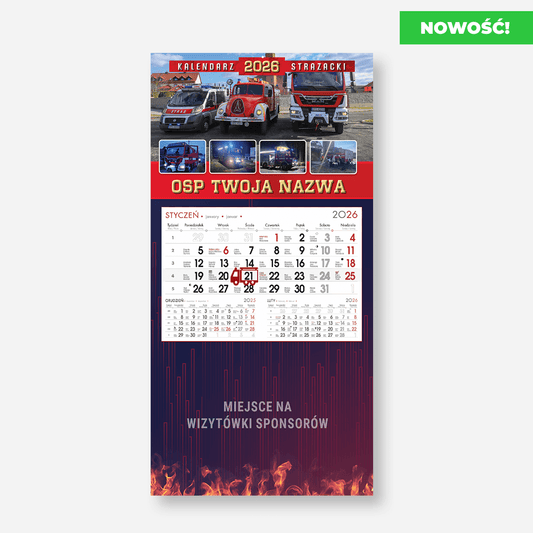 kalendarze strażackie DWUDZIELNE XL z okienkami wóz i miejscem na sponsorów