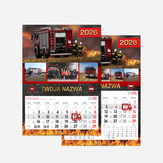 kalendarze strażackie jednodzielne A3 WYRYWANE na kartonie z okienkami wóz