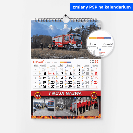 kalendarze strażackie SPIRALOWANE A3 ze zmianami PSP