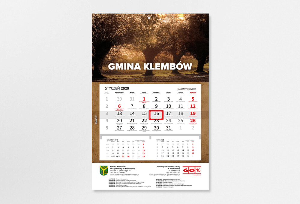 kalendarze gminne JEDNODZIELNE PREMIUM z wypukłą główką na kartonie