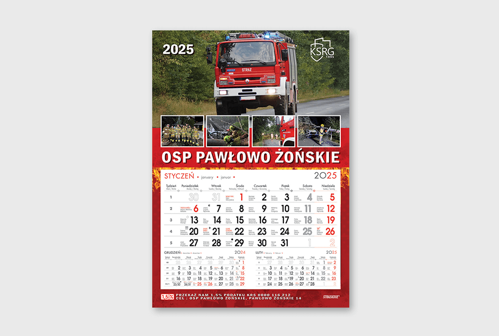 kalendarze strażackie jednodzielne A3 WYRYWANE na kartonie z okienkami wóz
