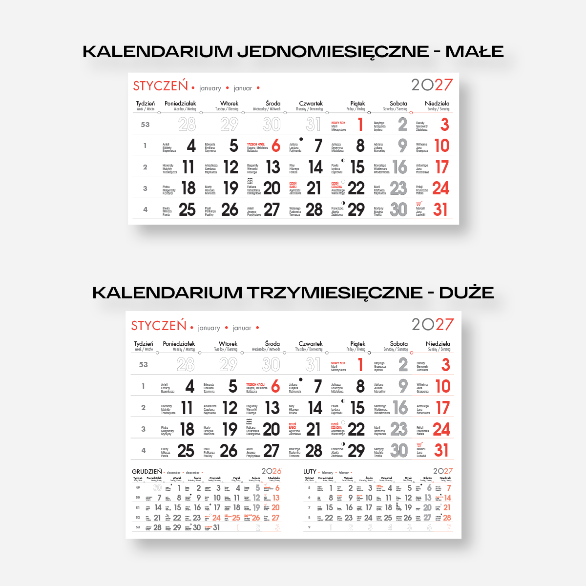Kalendarze klubowe jednodzielne WYRYWANE A3 na kartonie