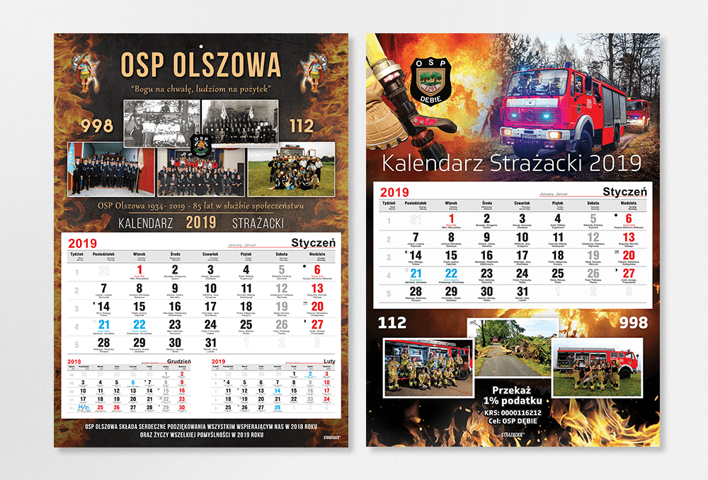 kalendarze strażackie jednodzielne A3 WYRYWANE na kartonie z okienkami wóz